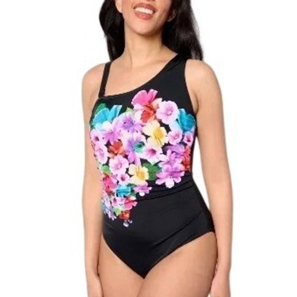 Isaac Mizrahi Live Bridgehampton Black Floral One Piece Swimsuit Size 10